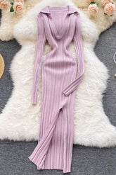 Robe tricotée fendue, slim, élastique, portefeuille, hanches